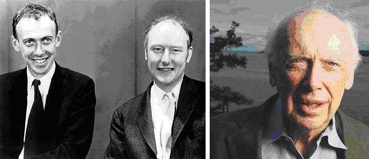 Francis Crick, James Watson năm 1953 khi vừa tìm ra cấu trúc xoắn kép DNA và James Watson năm 2006
